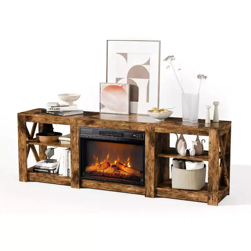 Farmhouse TV Stand with Electric Fireplace for up to 80" TVs Gray Oak