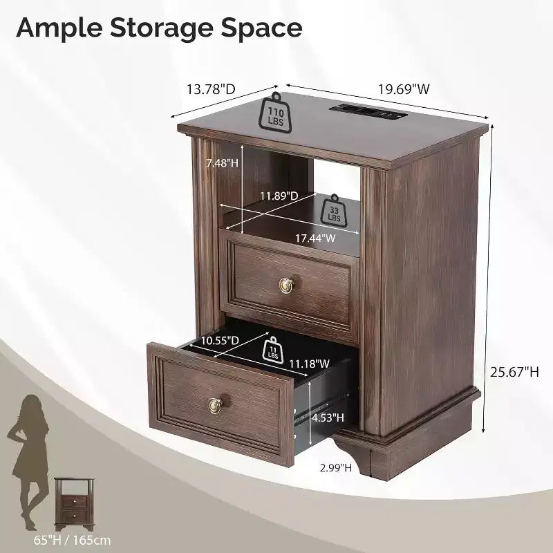 19.7" French Vintage Nightstand with Charging Station and Drawer