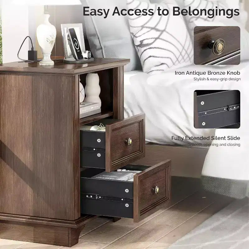 19.7" French Vintage Nightstand with Charging Station and Drawer