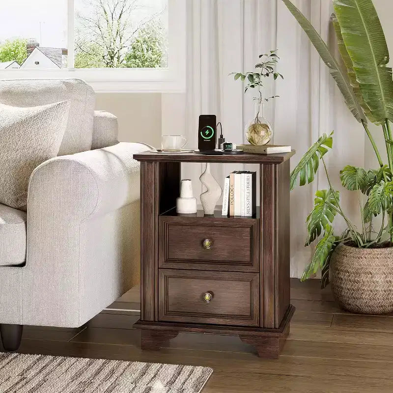 19.7" French Vintage Nightstand with Charging Station and Drawer