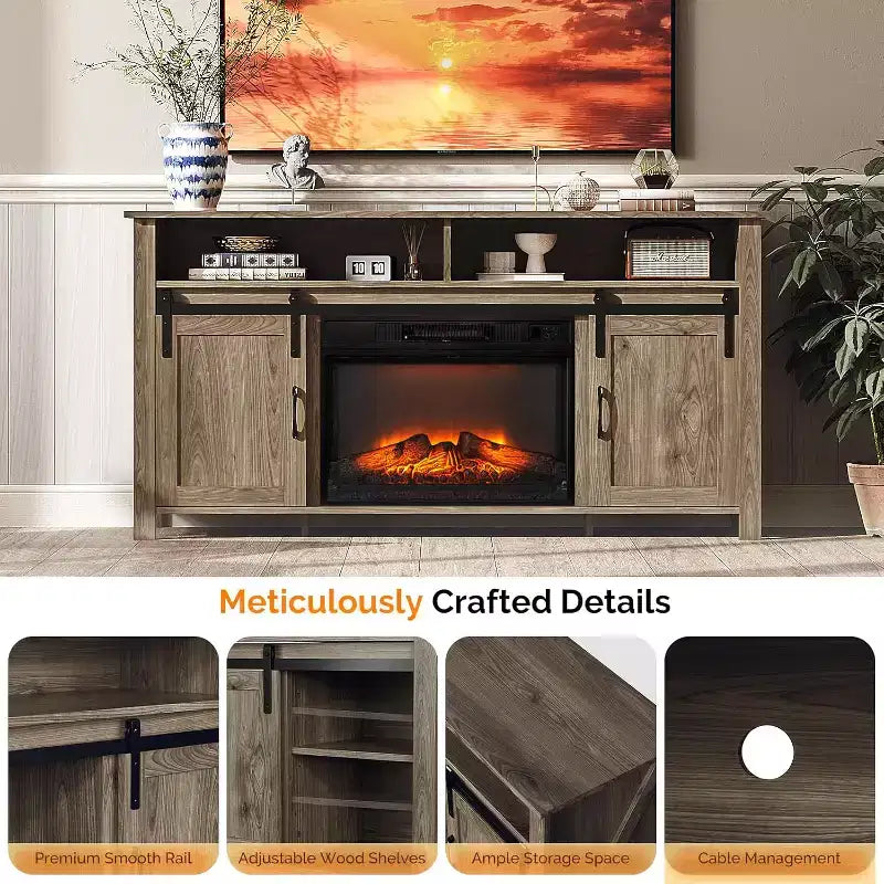 Farmhouse TV Stand with Sliding Barn Door and Electric Fireplace for 70" TVs