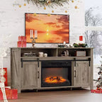 Meuble TV de style rustique avec porte coulissante et foyer électrique pour téléviseurs de 70 pouces
