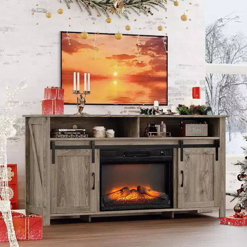 Farmhouse TV Stand with Sliding Barn Door and Electric Fireplace for 70" TVs