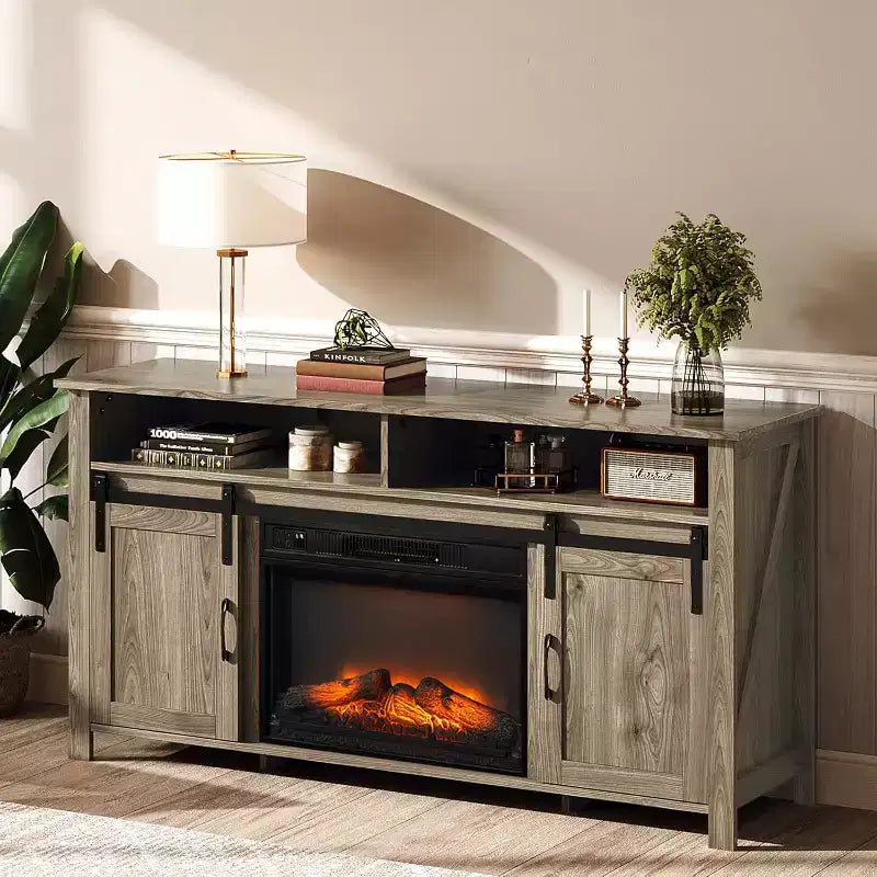 Farmhouse TV Stand with Sliding Barn Door and Electric Fireplace for 70" TVs