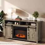 Meuble TV de style rustique avec porte coulissante et foyer électrique pour téléviseurs de 70 pouces