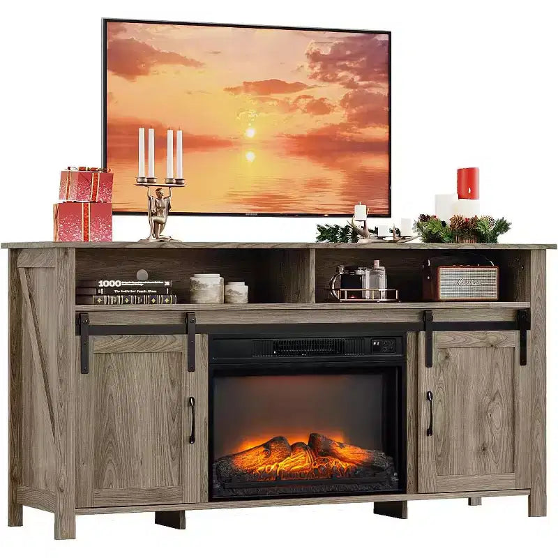 Farmhouse TV Stand with Sliding Barn Door and Electric Fireplace for 70" TVs
