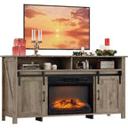 Meuble TV de style rustique avec porte coulissante et foyer électrique pour téléviseurs de 70 pouces