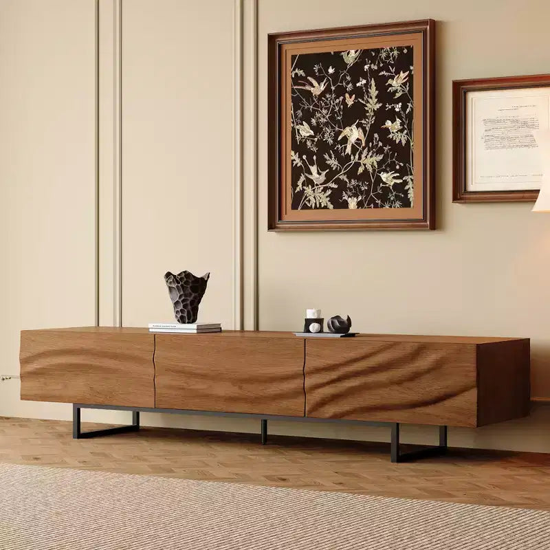 82.83" Mid-Century Modern Solid Wood Relief TV Stand with 3 Drawers & Metal Legs