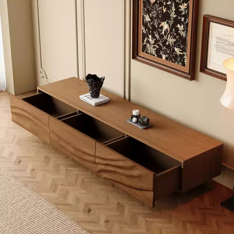 82.83" Mid-Century Modern Solid Wood Relief TV Stand with 3 Drawers & Metal Legs