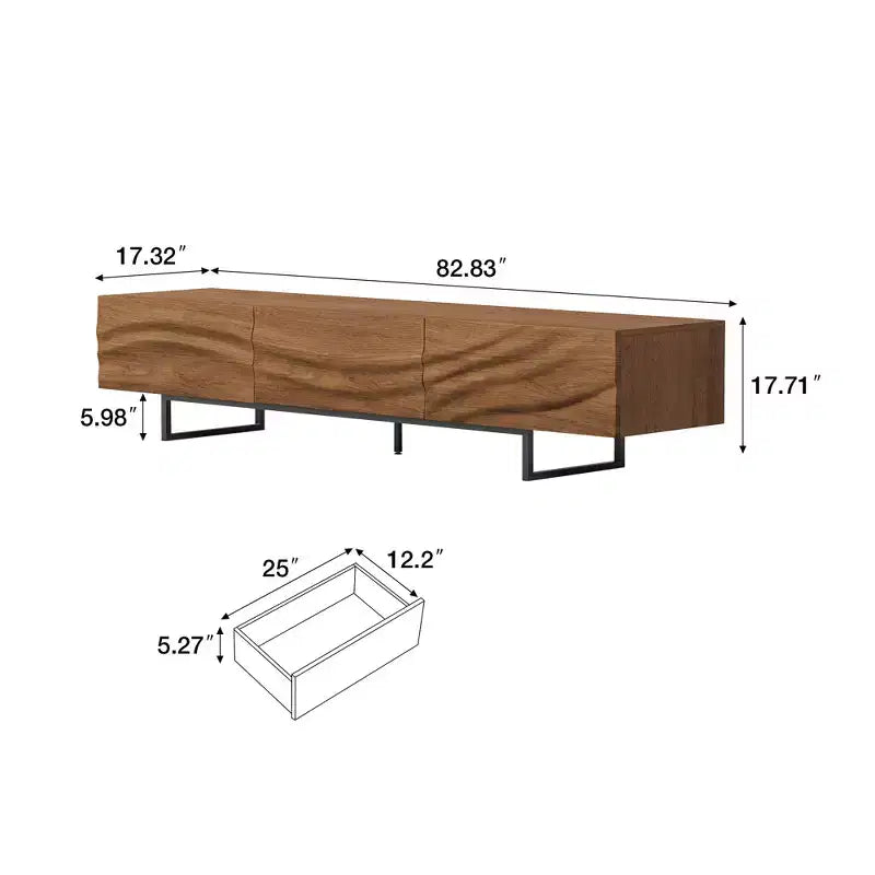 82.83" Mid-Century Modern Solid Wood Relief TV Stand with 3 Drawers & Metal Legs