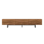 Meuble TV Relief moderne du milieu du siècle en bois massif de 210,4 cm avec 3 tiroirs et pieds en métal