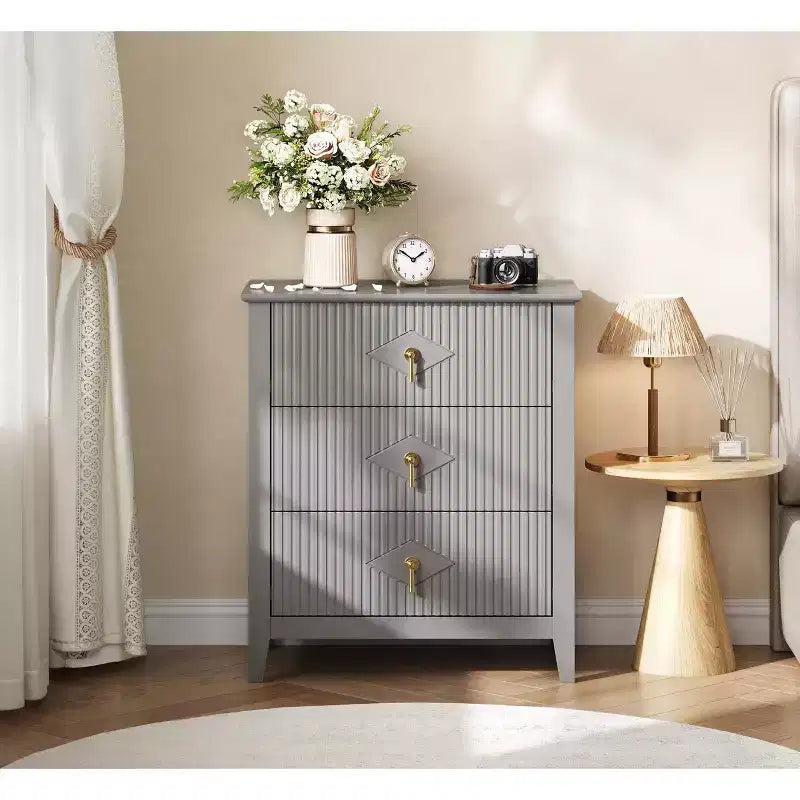 3-Drawer Modern Dresser with Fluted Panels and Gold Metal Handles