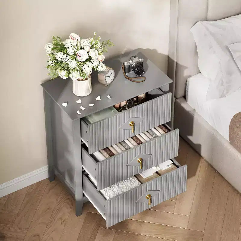 3-Drawer Modern Dresser with Fluted Panels and Gold Metal Handles