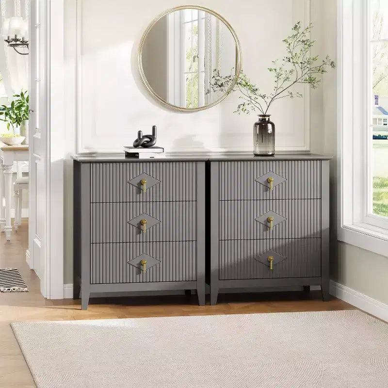3-Drawer Modern Dresser with Fluted Panels and Gold Metal Handles