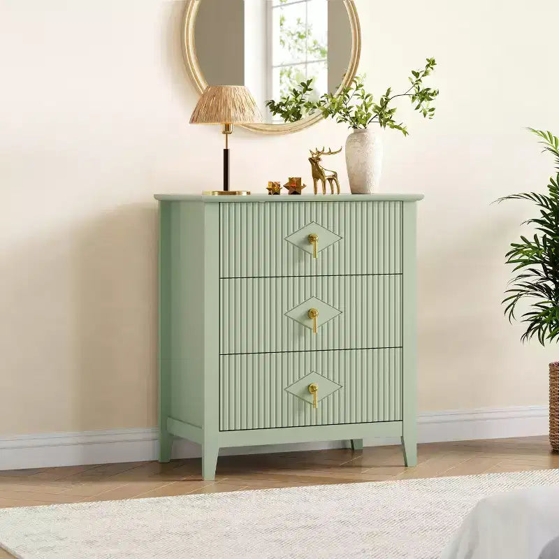 3-Drawer Modern Dresser with Fluted Panels and Gold Metal Handles