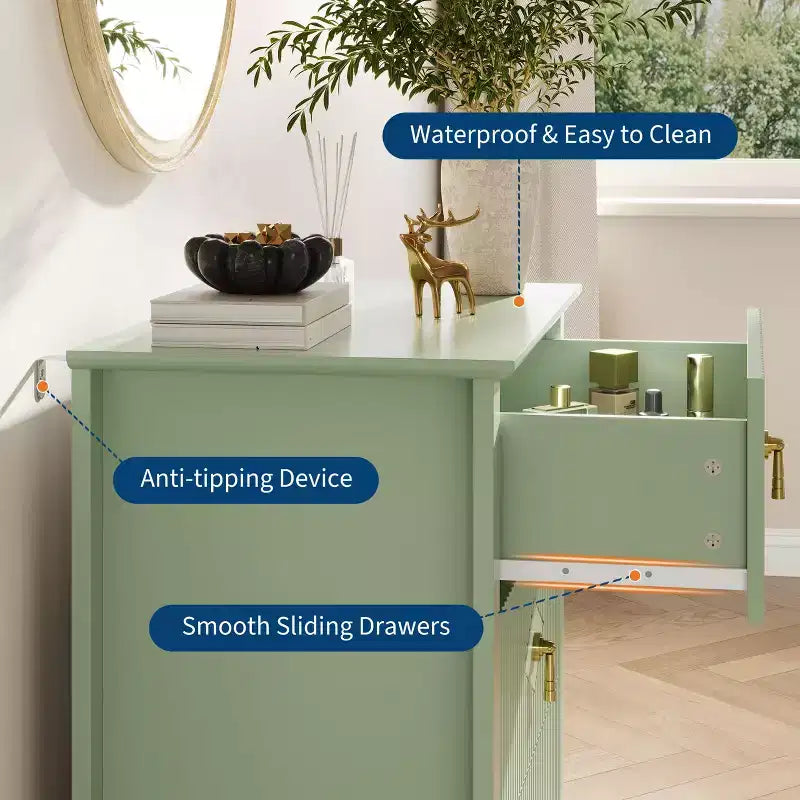3-Drawer Modern Dresser with Fluted Panels and Gold Metal Handles