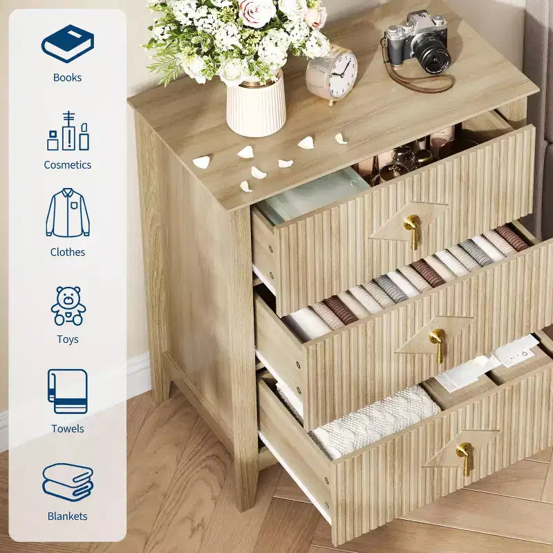3-Drawer Modern Dresser with Fluted Panels and Gold Metal Handles