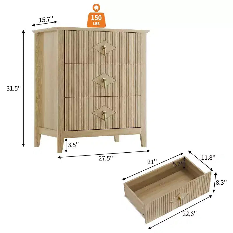 3-Drawer Modern Dresser with Fluted Panels and Gold Metal Handles
