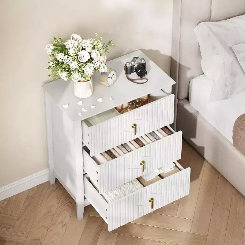 3-Drawer Modern Dresser with Fluted Panels and Gold Metal Handles
