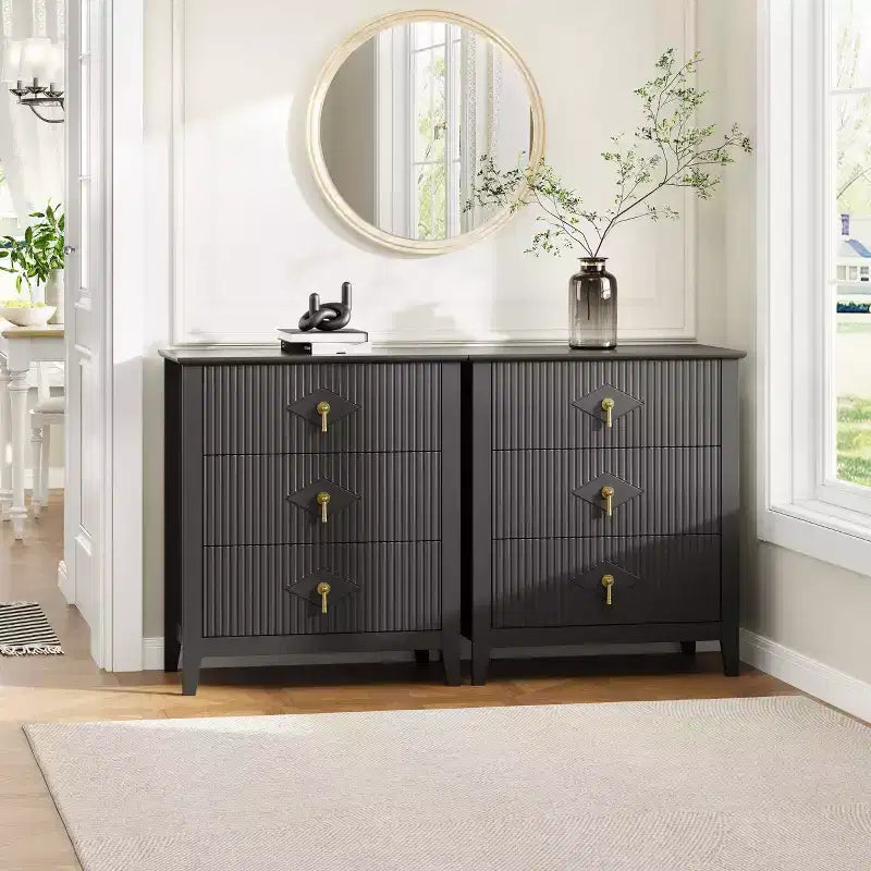 3-Drawer Modern Dresser with Fluted Panels and Gold Metal Handles