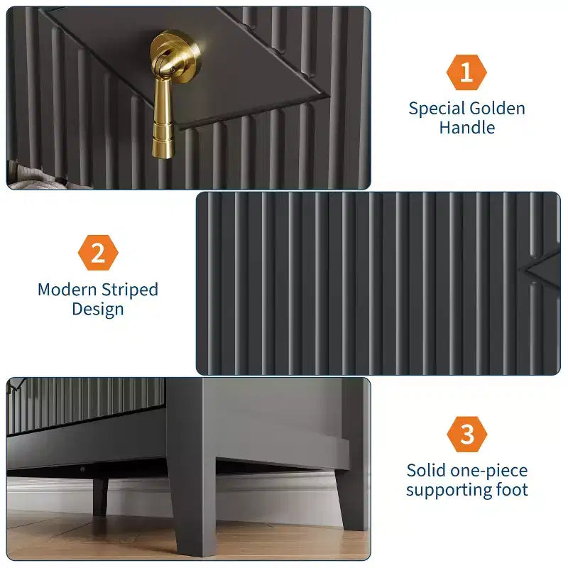 3-Drawer Modern Dresser with Fluted Panels and Gold Metal Handles
