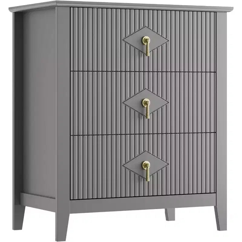 Commode moderne à 3 tiroirs avec panneaux cannelés et poignées en métal doré