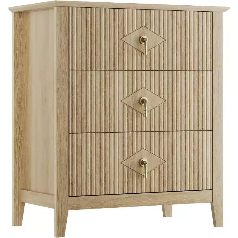 Commode moderne à 3 tiroirs avec panneaux cannelés et poignées en métal doré