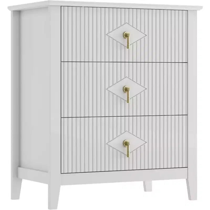Commode moderne à 3 tiroirs avec panneaux cannelés et poignées en métal doré
