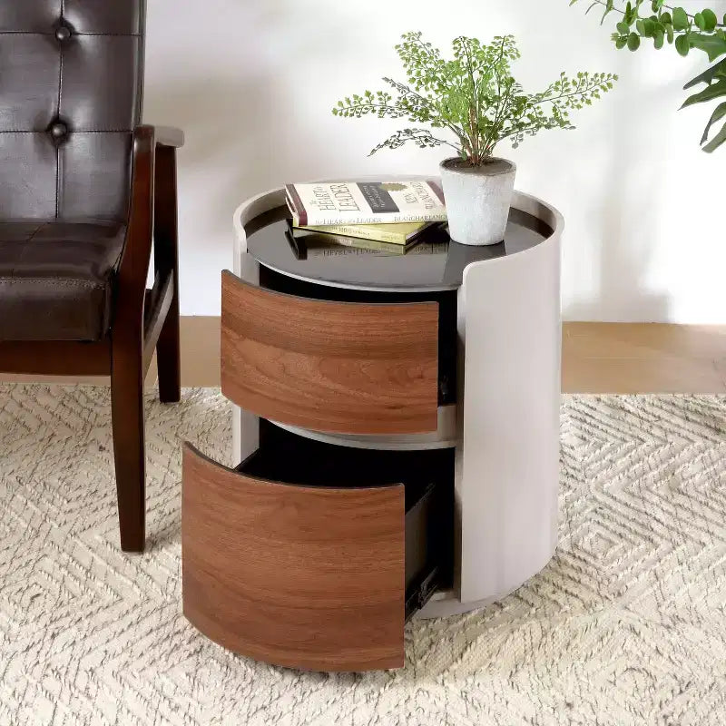 Vintage Round Side Table with Double Storage Shelves Tempered Glass Top Brown Gray