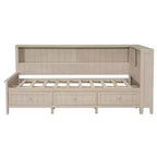 Lit banquette de rangement en bois, cadre de lit plateforme avec étagères et 3 tiroirs et portes coulissantes, lit d'angle en L avec rangements, blanc antique