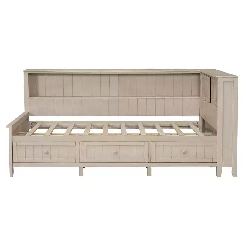 Wooden Storage DayBed, Platfrom BedFrame with Shelves and 3 Drawer & Sliding Doors, L Shape Corner Bed w/Storages, Antique White