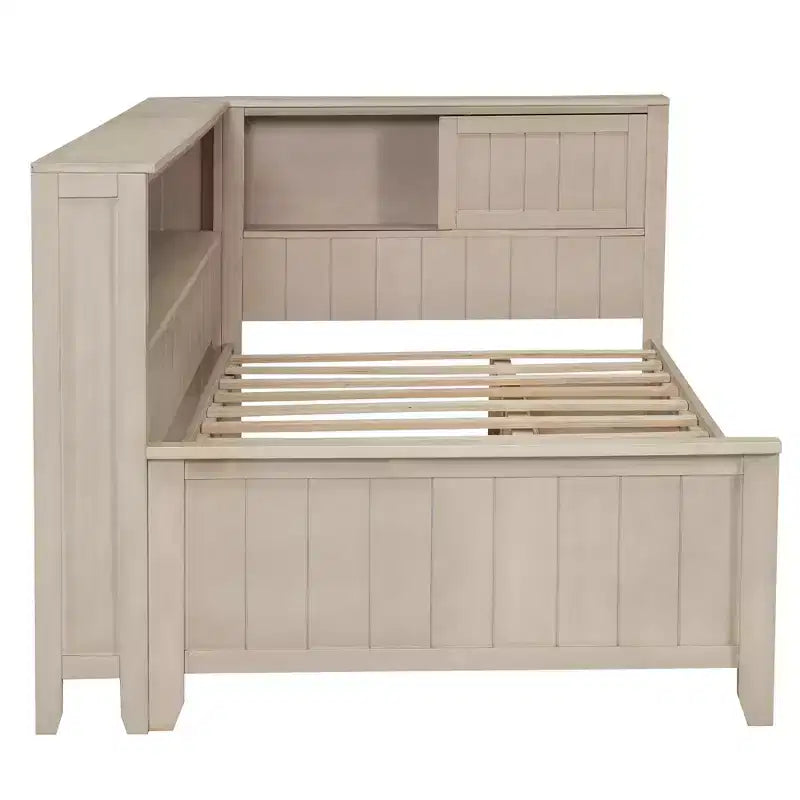 Wooden Storage DayBed, Platfrom BedFrame with Shelves and 3 Drawer & Sliding Doors, L Shape Corner Bed w/Storages, Antique White