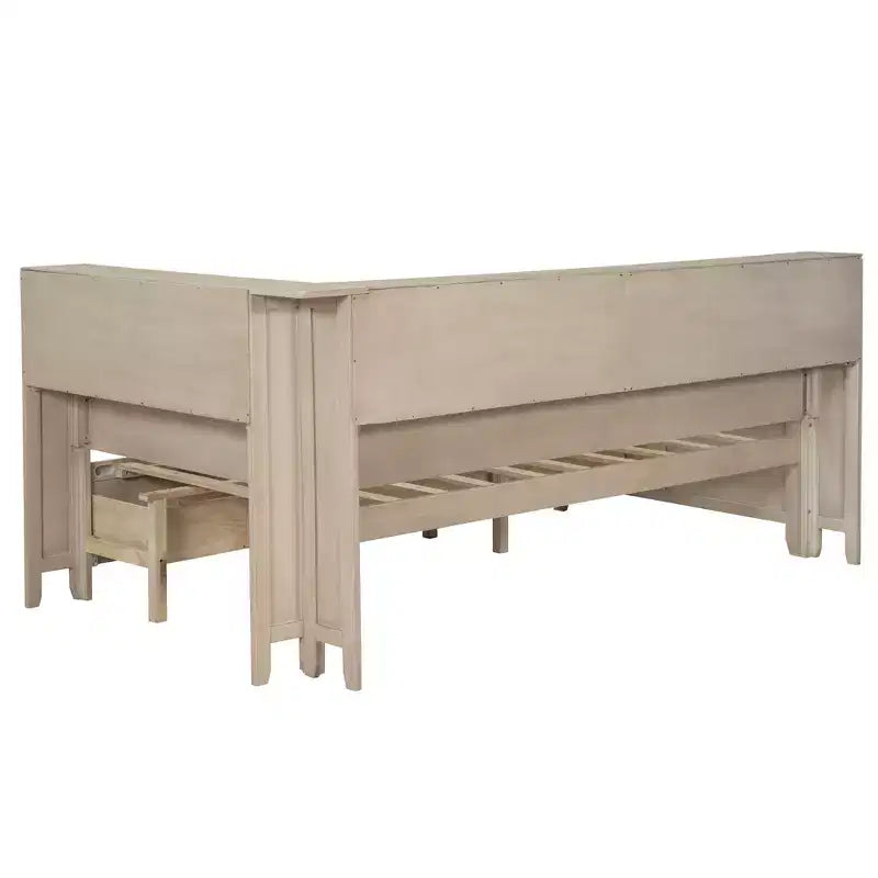 Wooden Storage DayBed, Platfrom BedFrame with Shelves and 3 Drawer & Sliding Doors, L Shape Corner Bed w/Storages, Antique White