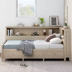 Lit banquette de rangement en bois, cadre de lit plateforme avec étagères et 3 tiroirs et portes coulissantes, lit d'angle en L avec rangements, blanc antique