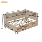 Lit banquette de rangement en bois, cadre de lit plateforme avec étagères et 3 tiroirs et portes coulissantes, lit d'angle en L avec rangements, blanc antique