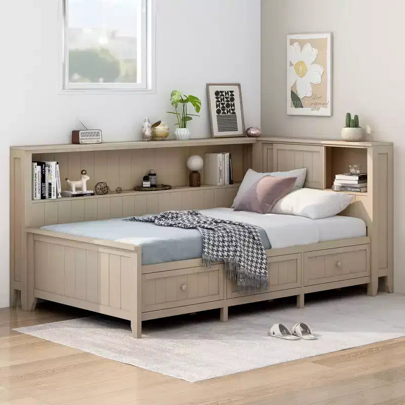 Wooden Storage DayBed, Platfrom BedFrame with Shelves and 3 Drawer & Sliding Doors, L Shape Corner Bed w/Storages, Antique White