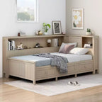 Lit banquette de rangement en bois, cadre de lit plateforme avec étagères et 3 tiroirs et portes coulissantes, lit d'angle en L avec rangements, blanc antique