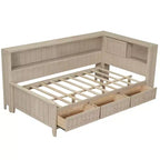 Lit banquette de rangement en bois, cadre de lit plateforme avec étagères et 3 tiroirs et portes coulissantes, lit d'angle en L avec rangements, blanc antique