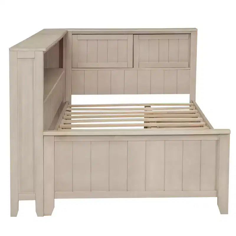 Wooden Storage DayBed, Platfrom BedFrame with Shelves and 3 Drawer & Sliding Doors, L Shape Corner Bed w/Storages, Antique White