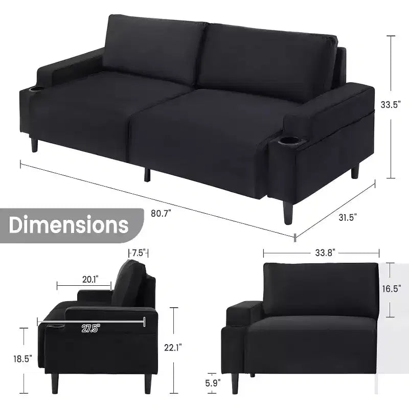 81" Modern 3-Seater Loveseat Sofa with Cup Holders and Storage Bag Black