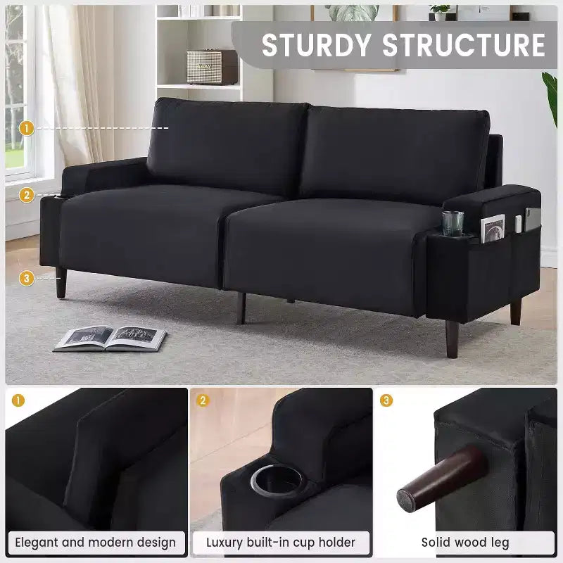 81" Modern 3-Seater Loveseat Sofa with Cup Holders and Storage Bag Black