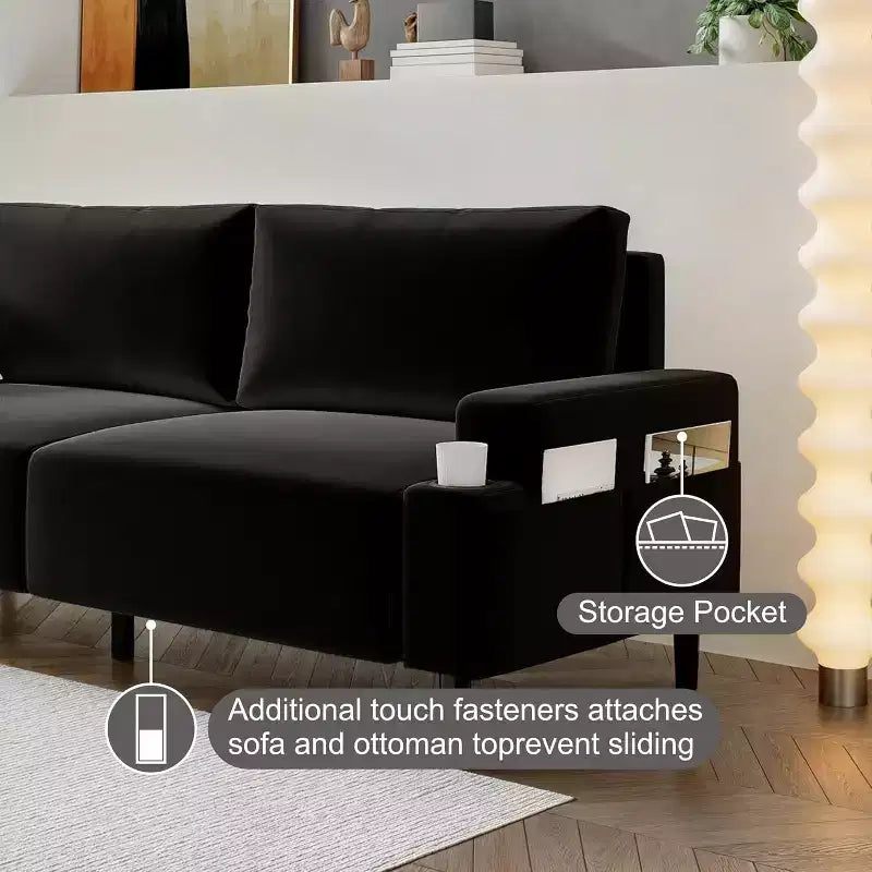 81" Modern 3-Seater Loveseat Sofa with Cup Holders and Storage Bag Black