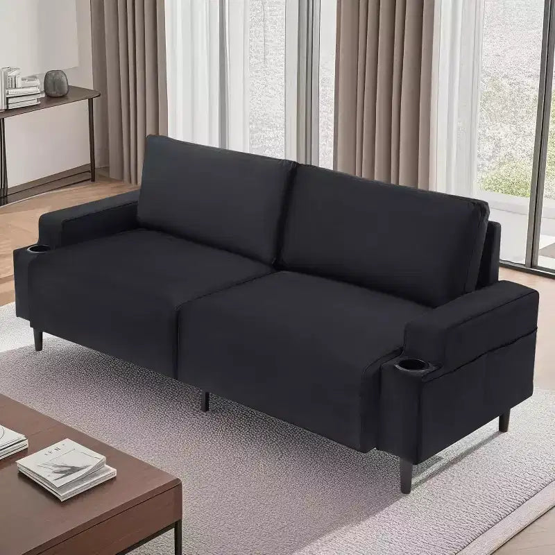 81" Modern 3-Seater Loveseat Sofa with Cup Holders and Storage Bag Black