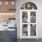 Meuble de rangement moderne en métal cintré de 73 po avec portes vitrées et 2 étagères réglables, unité de rangement supérieure arquée pour garde-manger, salon et salles à manger