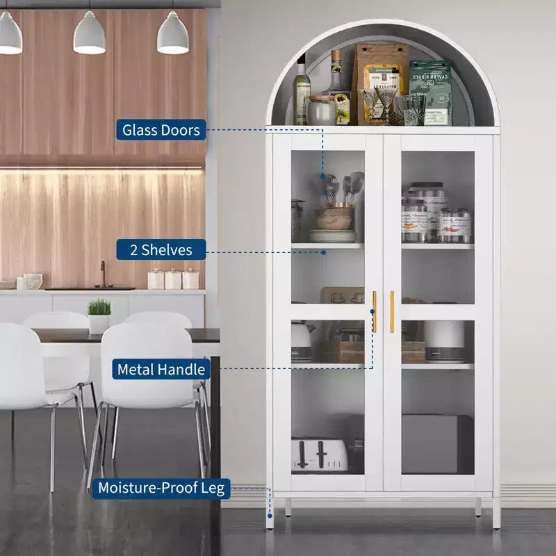 73 Modern Arched Metal Cabinet with Glass Doors & 2 Adjustable Shelves, Arch-Top Storage Unit for Pantry, Living & Dining Rooms