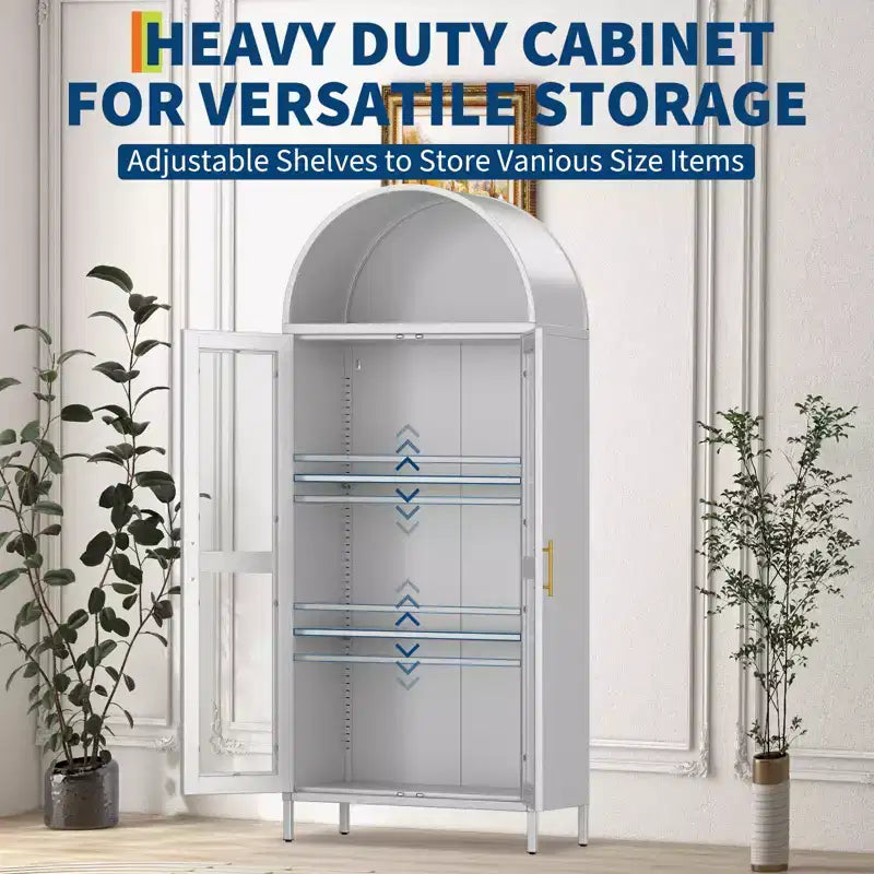 73 Modern Arched Metal Cabinet with Glass Doors & 2 Adjustable Shelves, Arch-Top Storage Unit for Pantry, Living & Dining Rooms