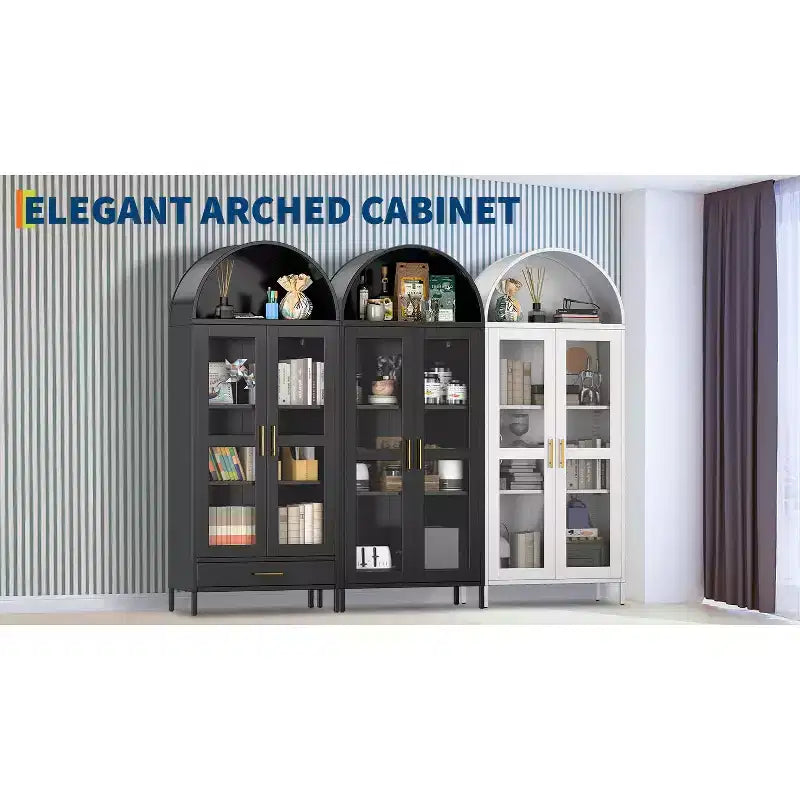 73 Modern Arched Metal Cabinet with Glass Doors & 2 Adjustable Shelves, Arch-Top Storage Unit for Pantry, Living & Dining Rooms