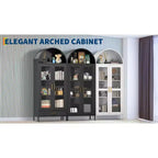 Meuble de rangement moderne en métal cintré de 73 po avec portes vitrées et 2 étagères réglables, unité de rangement supérieure arquée pour garde-manger, salon et salles à manger