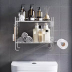 2-Tier Bathroom Shelf Organiser, Space Saving Multi-Purpose Metal Organiser Rack Over The Toilet Storage Rack with 2 Hooks