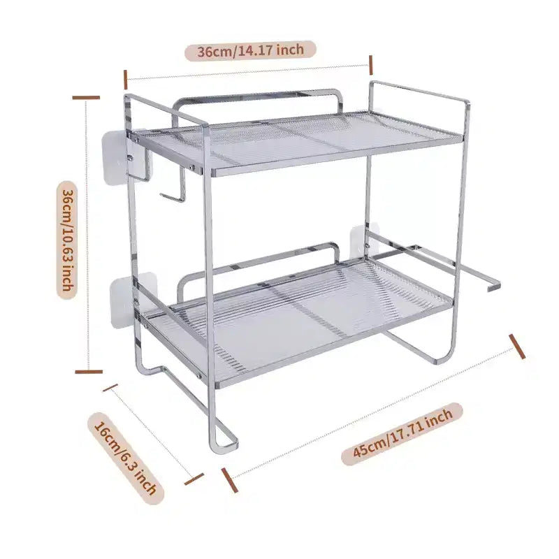2-Tier Bathroom Shelf Organiser, Space Saving Multi-Purpose Metal Organiser Rack Over The Toilet Storage Rack with 2 Hooks